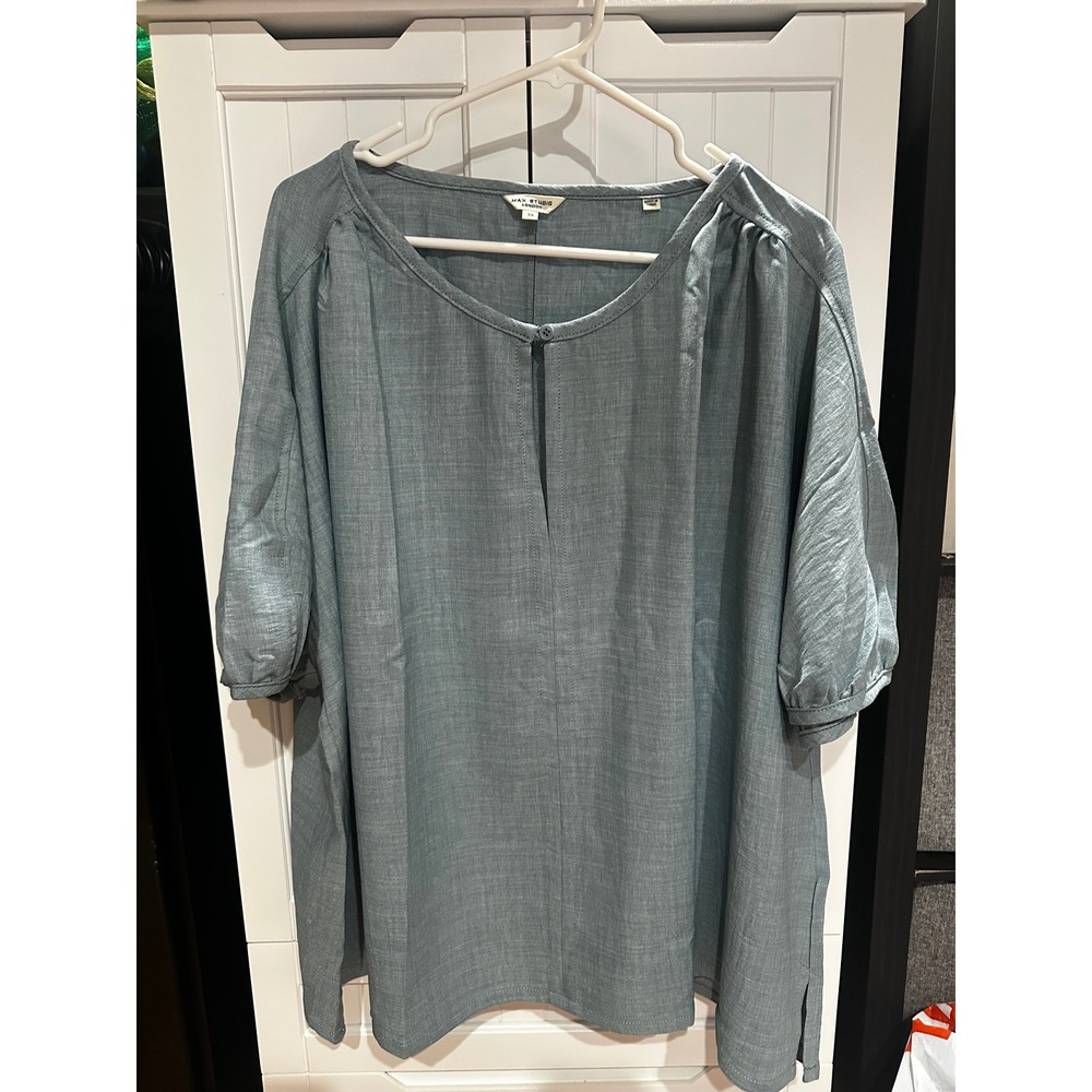 Max Studio London Women 3X Blue Green Textured Keyhole Blouse 4W05U37